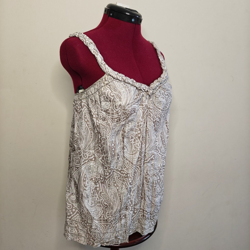 Banana Republic Womens XS Silk Paisley Camisole Braided Strap Taupe White Beige